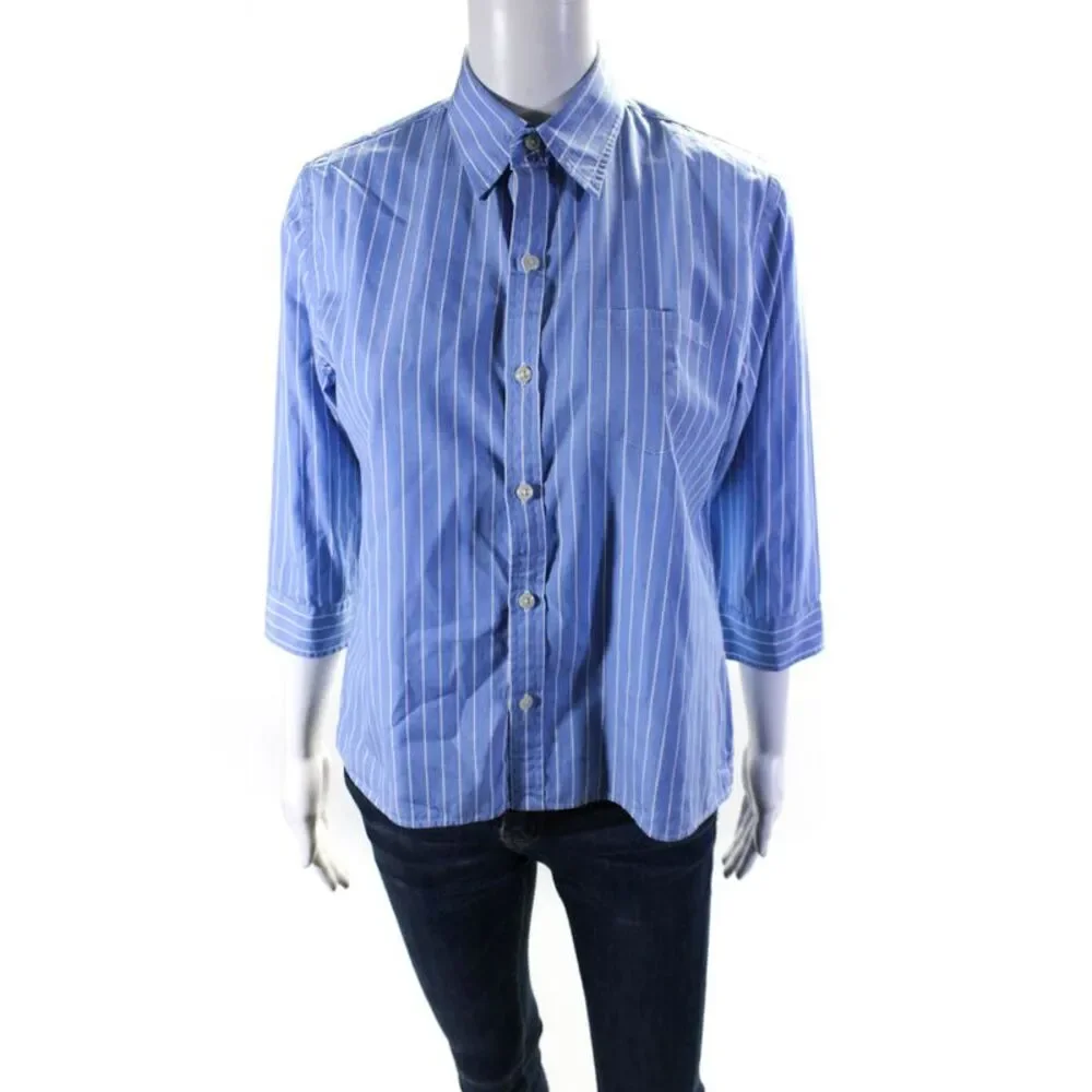 Ralph Lauren Black Label Womens Blue Striped Cotton Slim Fit Blouse Top Size 8